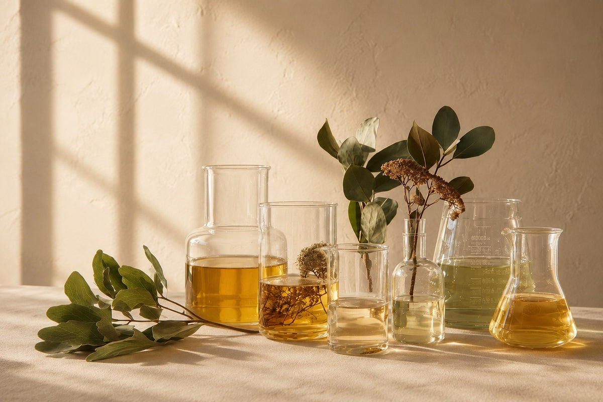 Ishvari formulation still-life — glass vessels of infused oils with eucalyptus and dried botanicals in warm, natural light.